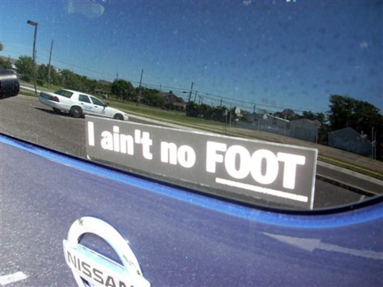 This Aug. 27 photo taken in Brigantine, N.J., shows a bumper sticker saying "I Ain't No FOOT."